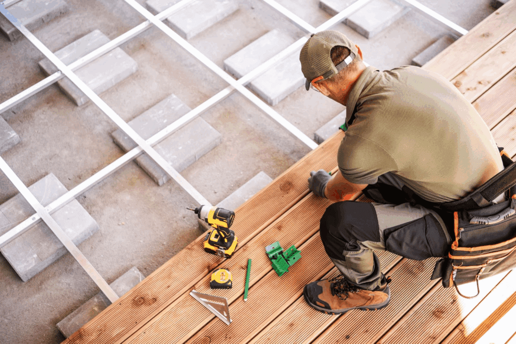Professional deck contractor lays boards on a new patio deck
